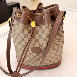 Vintage Gucci GG Canvas Bucket Bag | Brown Leather Trim & Web Stripe | Classic